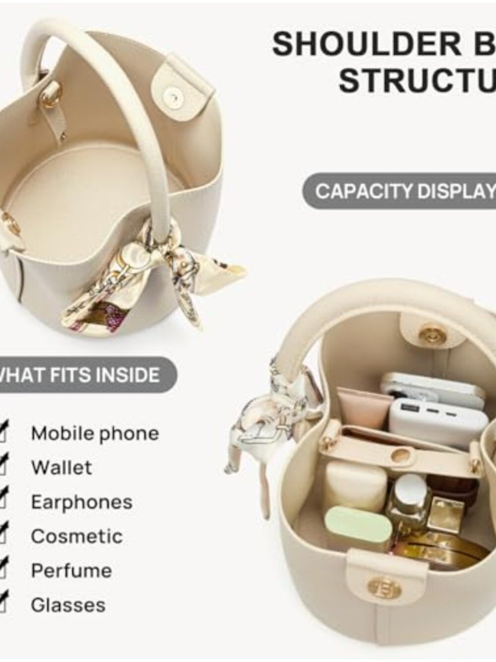 Small Bucket Crossbody Bag with Silk Scarf Adjustable Strap Foldable - Picture 3 of 6